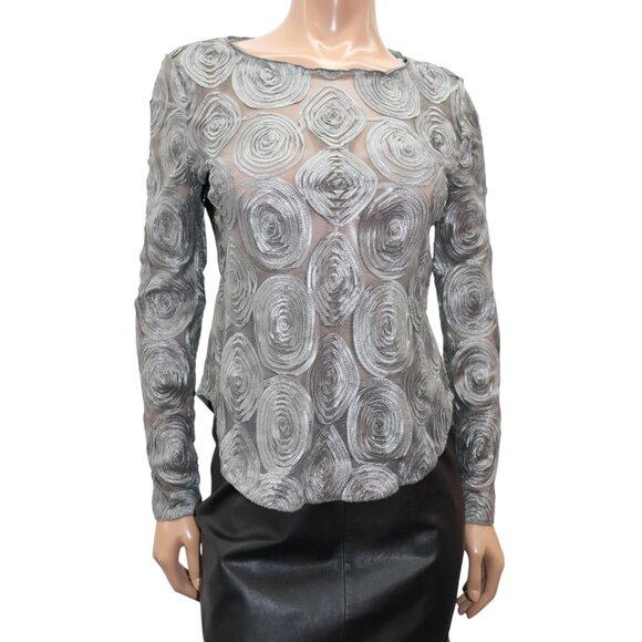 GIORGIO ARMANI Gray Silver Swirl soutache Sheer Mesh Long Sleeve Top 8 - Picture 1 of 7